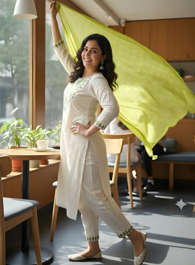 White & Green Light Sequence Embroidered Kurti Set