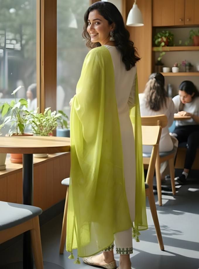 White & Green Light Sequence Embroidered Kurti Set