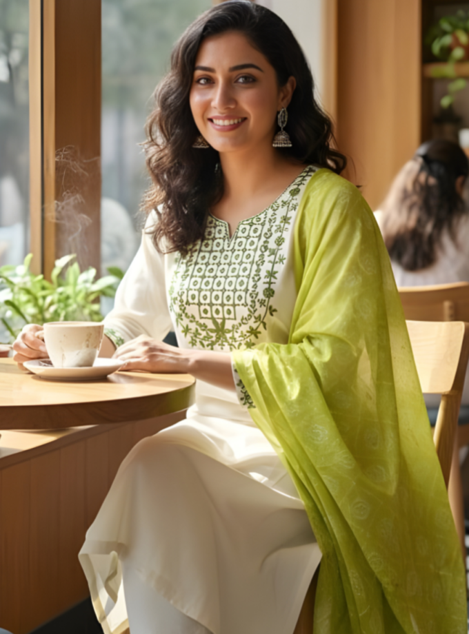 Off-white & green embroidered kurti