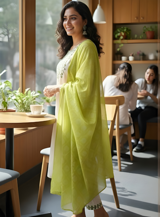 White & Green Light Sequence Embroidered Kurti Set