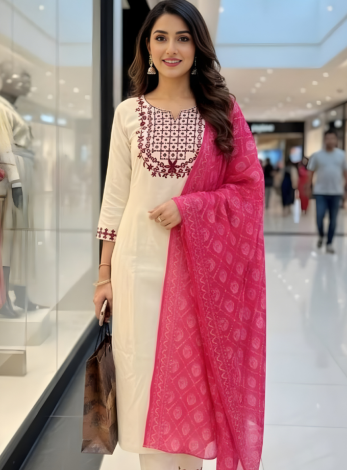 Off-white & green embroidered kurti