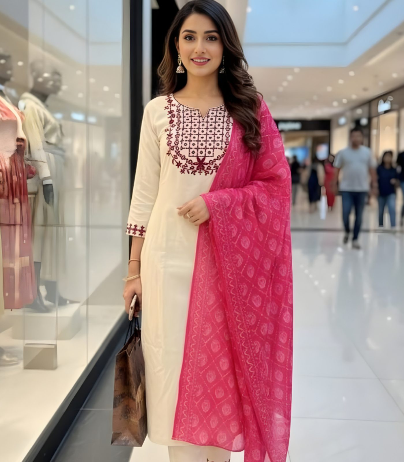 Off-white & green embroidered kurti