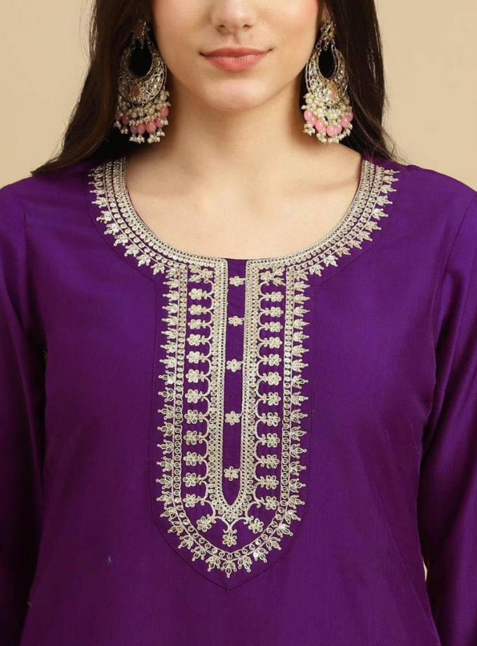 Royal Purple embroidered kurti + beige dupatta