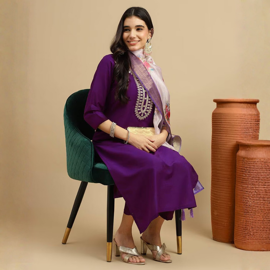 Royal Purple embroidered kurti + beige dupatta - Image 5