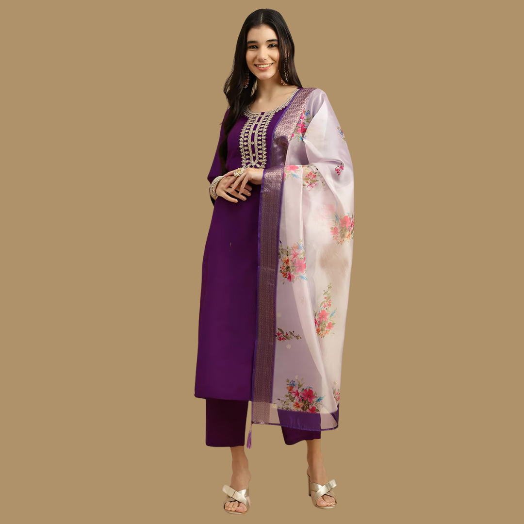 Royal Purple embroidered kurti + beige dupatta - Image 3