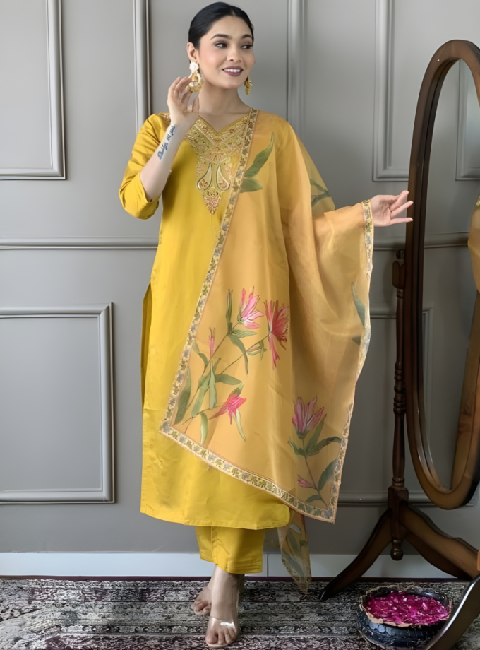 Mustard Yellow Floral Kurti Set