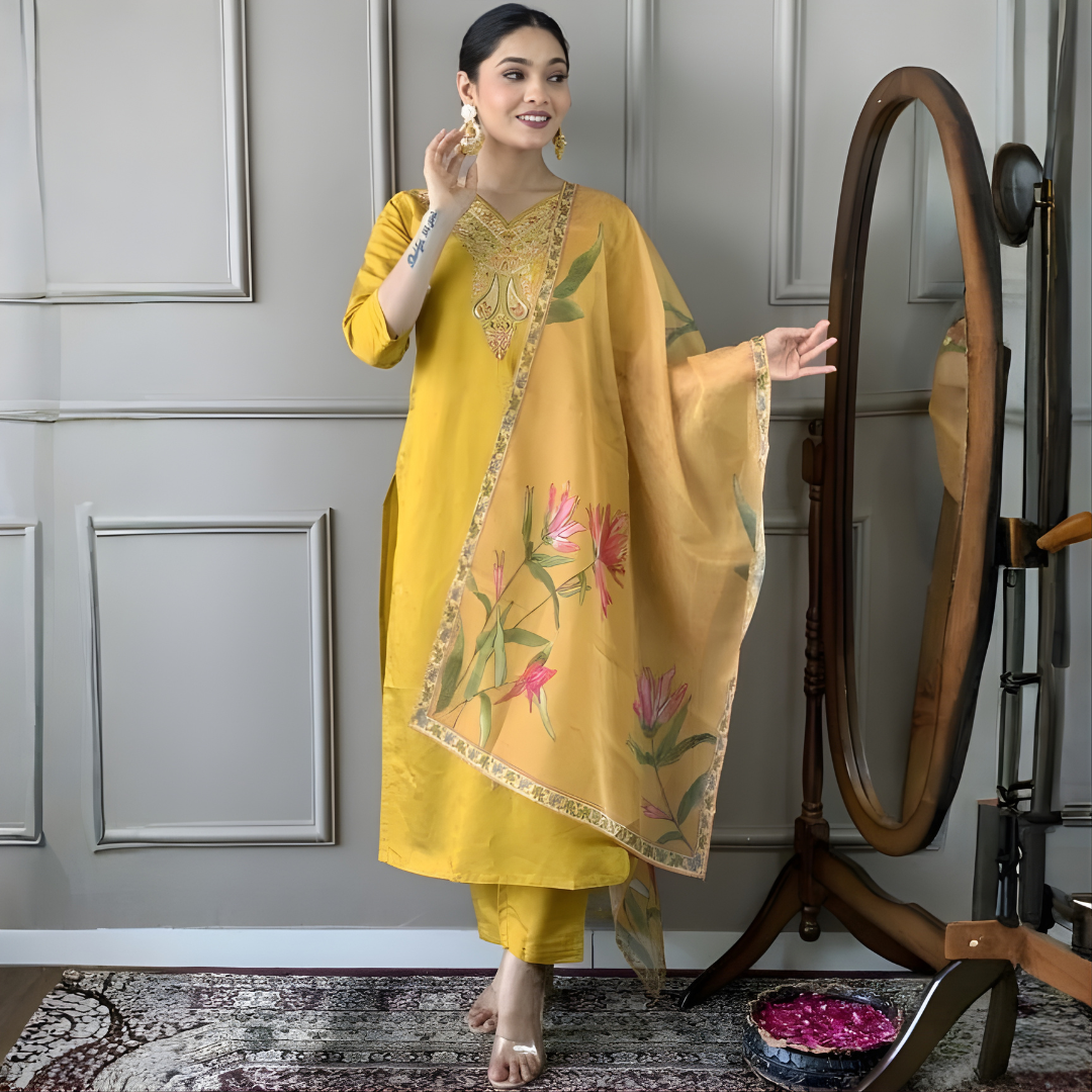 Mustard Yellow Floral Kurti Set - Image 4