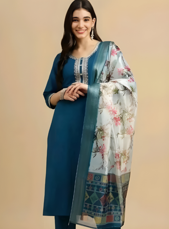 Rayon Slub Kurti Set with Printed Dupatta