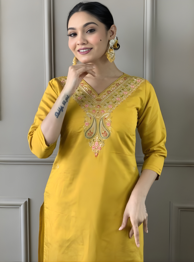 Mustard Yellow Floral Kurti Set