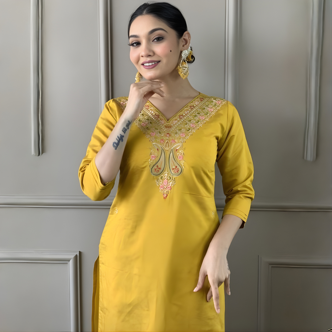 Mustard Yellow Floral Kurti Set - Image 2
