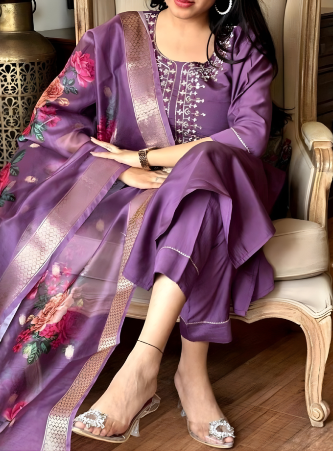 Royal Purple embroidered kurti with Printed Dupatta Set