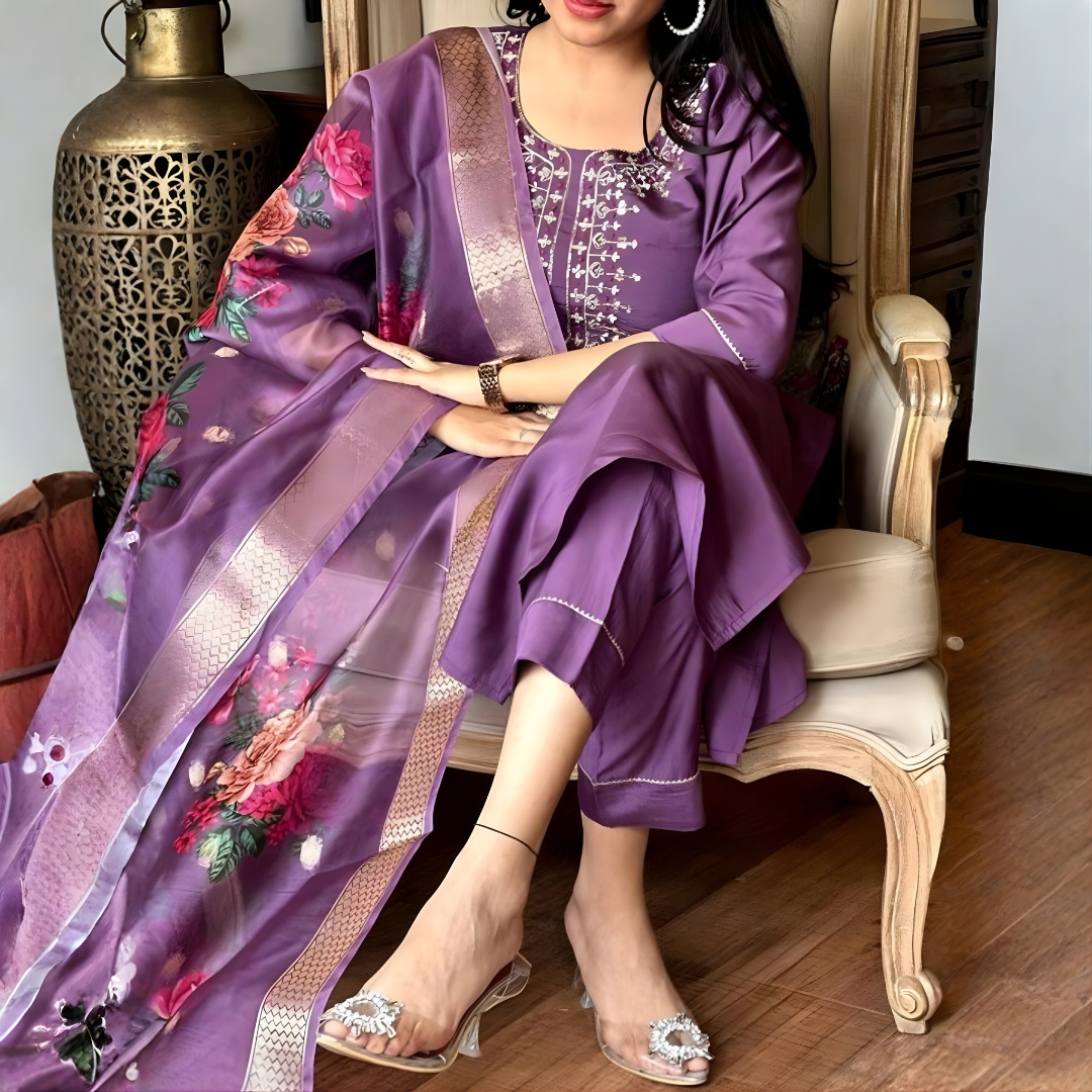 Royal Purple embroidered kurti with Printed Dupatta Set - Image 2