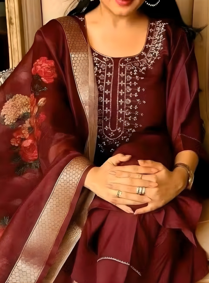 Maroon Embrodary Magic Cotton Suit Set with Digital Print Chanderi Dupatta