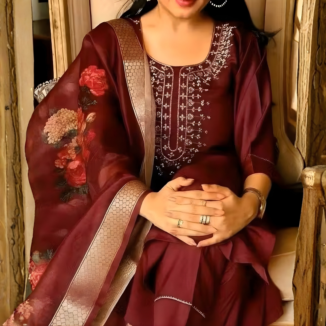 Maroon Embrodary Magic Cotton Suit Set with Digital Print Chanderi Dupatta