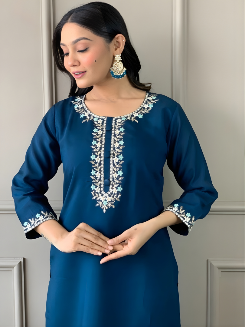Peacock Teal Rayon Slub Suit with Jacquard Border Dupatta - Image 3