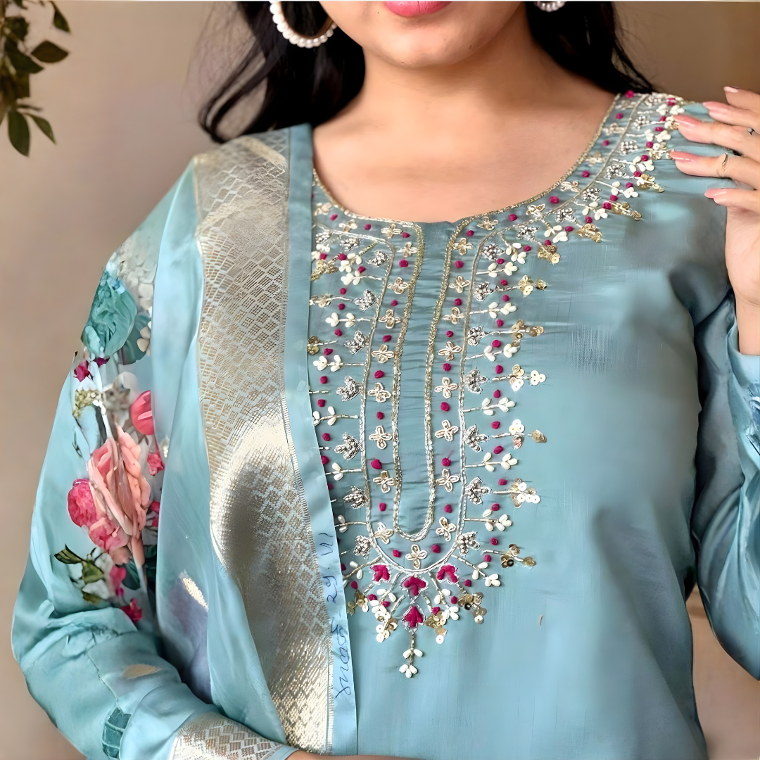 Ice Blue Magic Cotton Embroidered Suit with Floral Chanderi Dupatta - Image 3