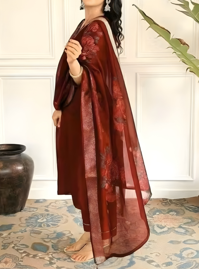 Maroon Embrodary Magic Cotton Suit Set with Digital Print Chanderi Dupatta