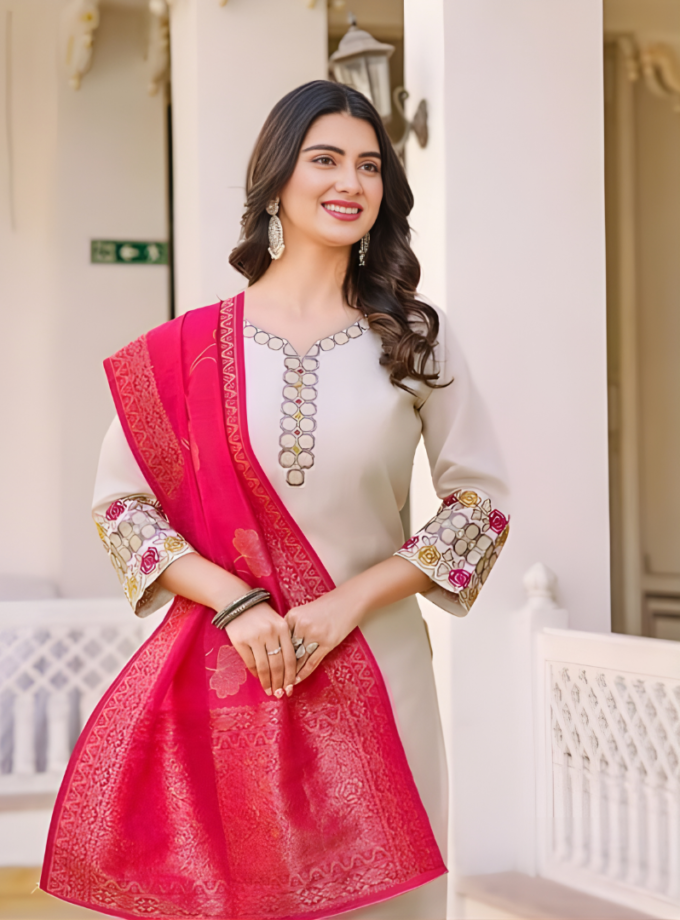 The Modern Classic — Ivory & Pink Jacquard Ensemble