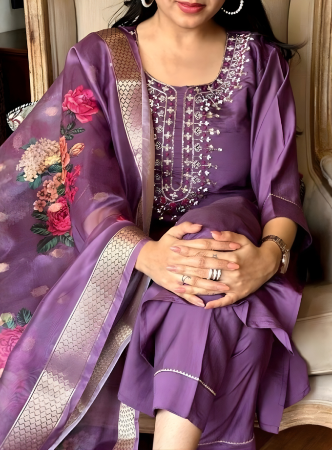 Royal Purple embroidered kurti with Printed Dupatta Set