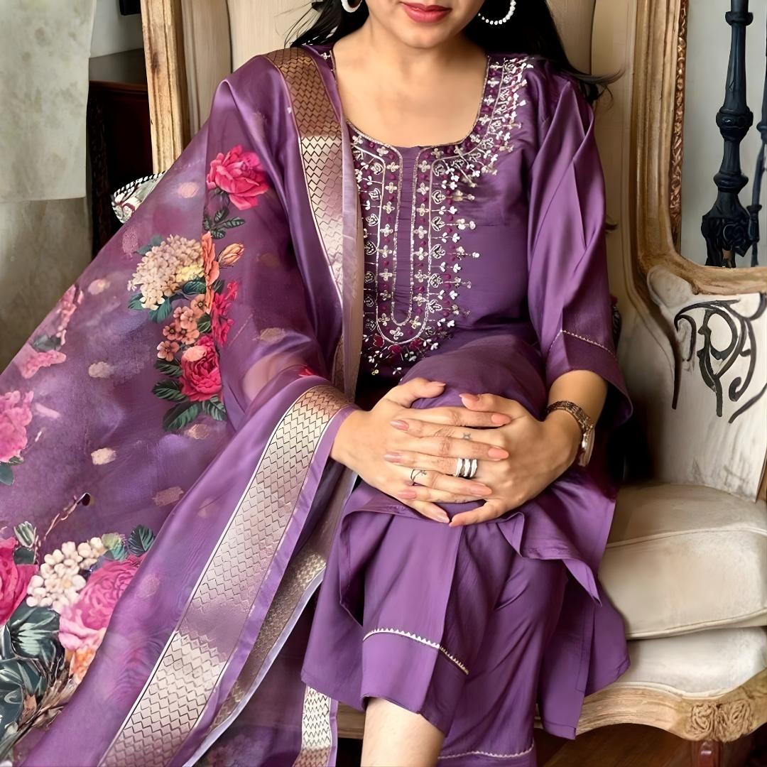 Royal Purple embroidered kurti with Printed Dupatta Set