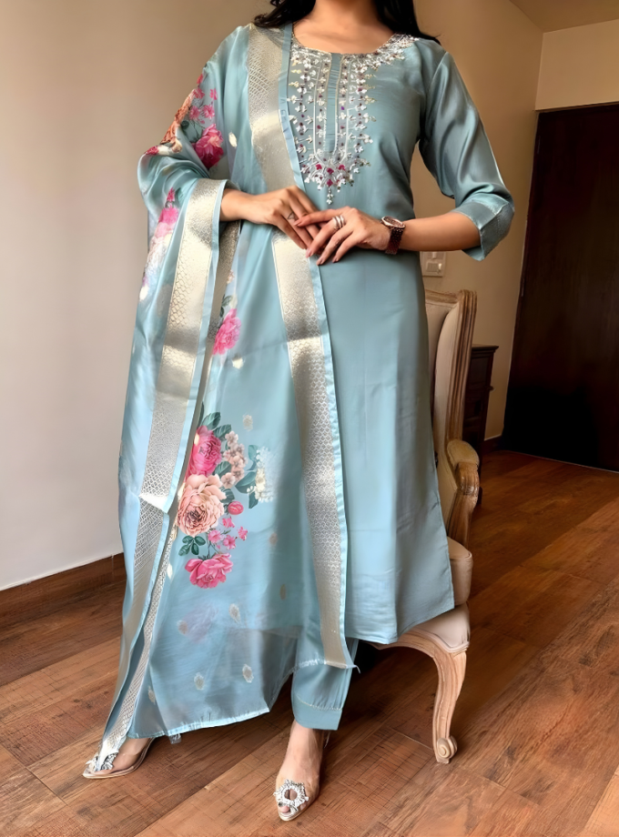 Ice Blue Magic Cotton Embroidered Suit with Floral Chanderi Dupatta