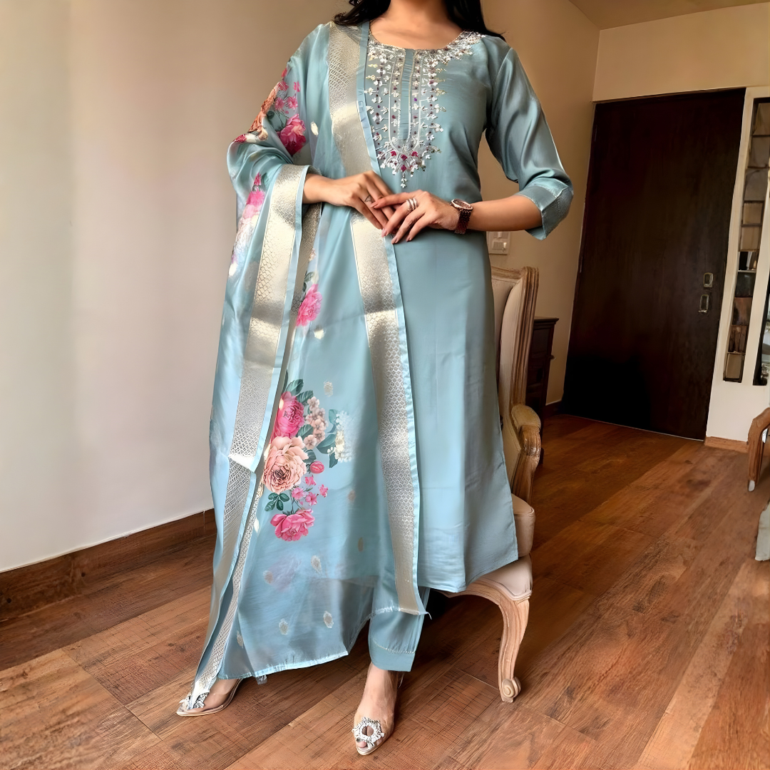 Ice Blue Magic Cotton Embroidered Suit with Floral Chanderi Dupatta