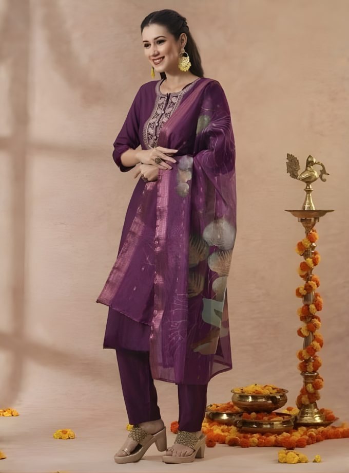 Purple Magic Cotton Kurti Set with Printed Dupatta