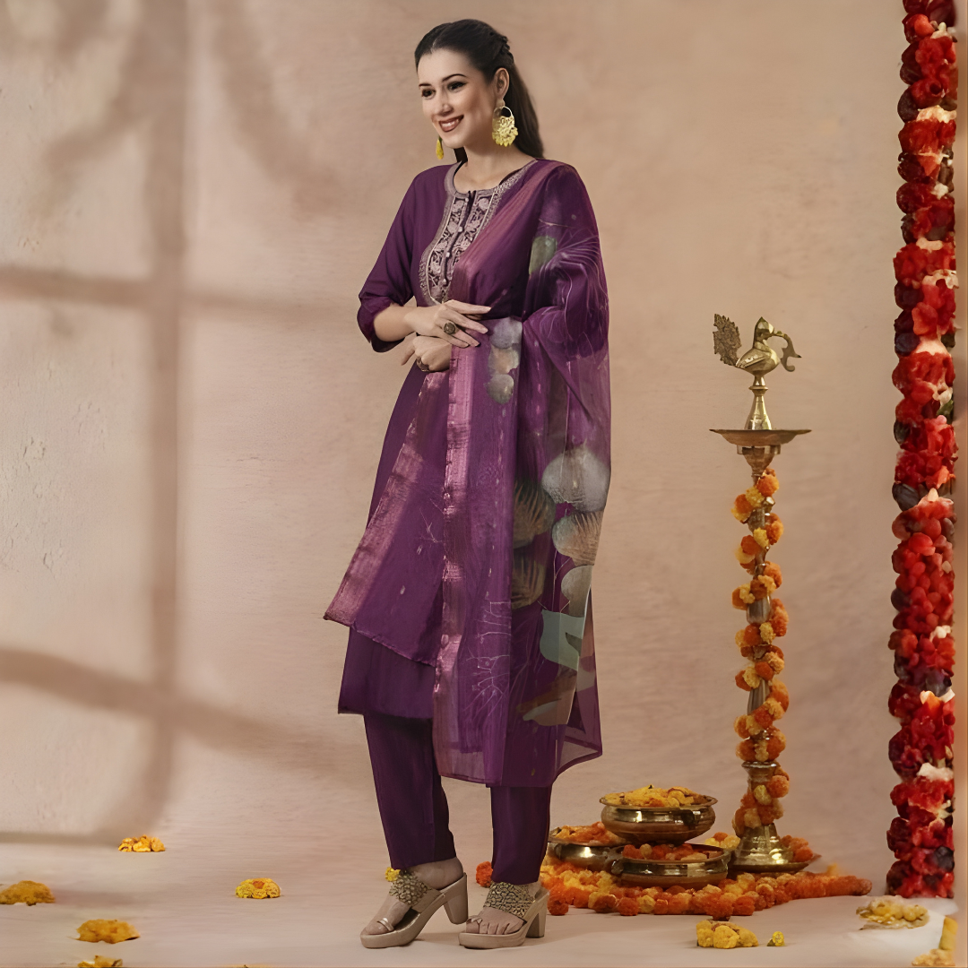 Purple Magic Cotton Kurti Set with Printed Dupatta - Image 2