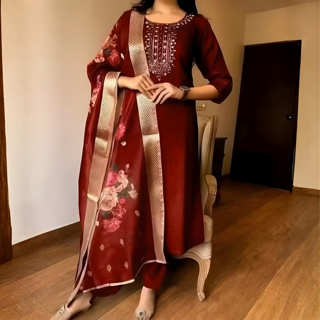 Maroon Embrodary Magic Cotton Suit Set with Digital Print Chanderi Dupatta - Image 2