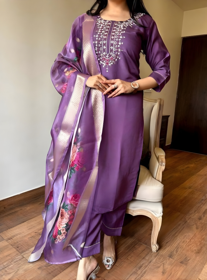 Royal Purple embroidered kurti with Printed Dupatta Set