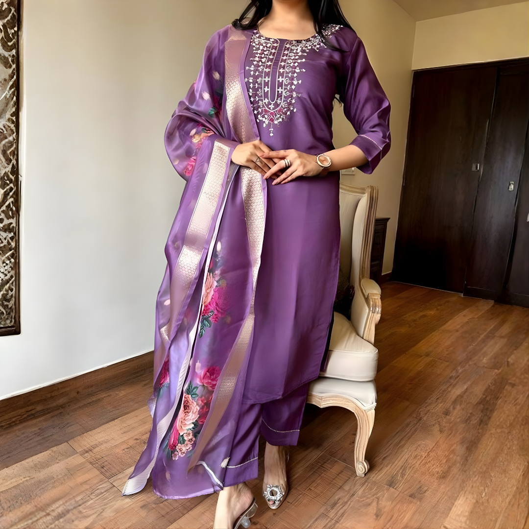 Royal Purple embroidered kurti with Printed Dupatta Set - Image 3
