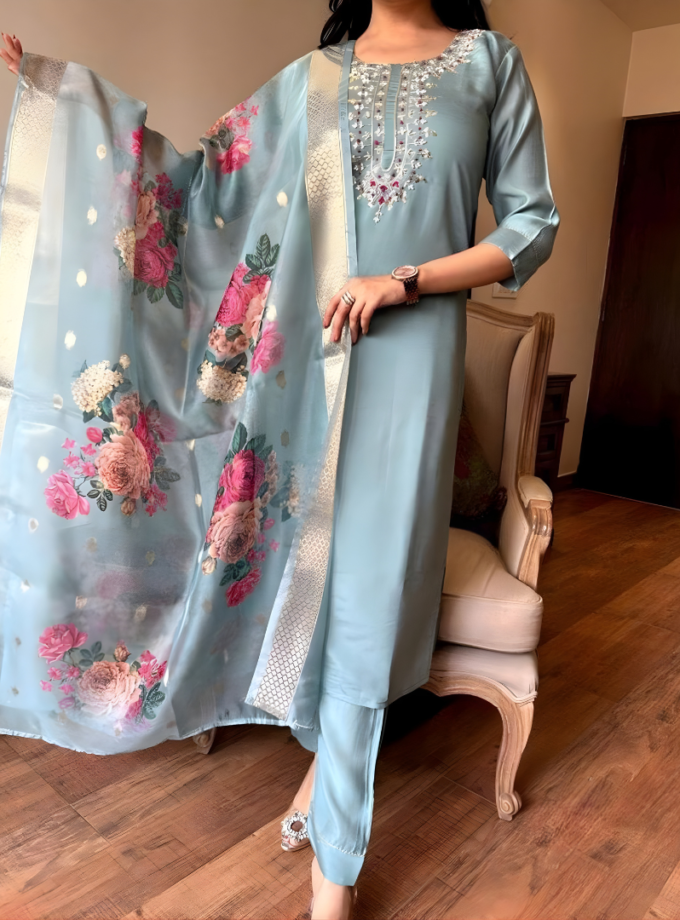 Ice Blue Magic Cotton Embroidered Suit with Floral Chanderi Dupatta