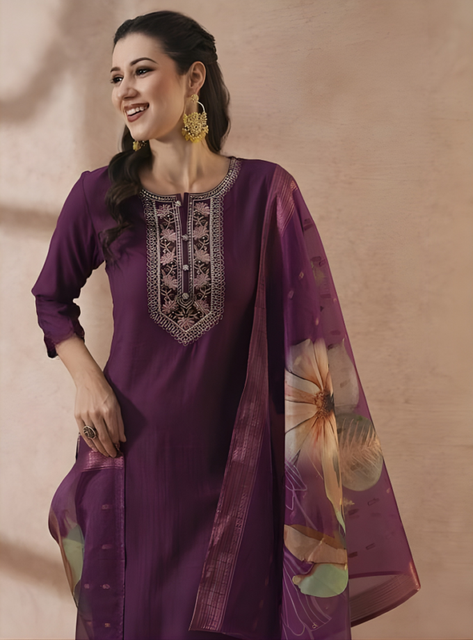 Purple Magic Cotton Kurti Set with Printed Dupatta