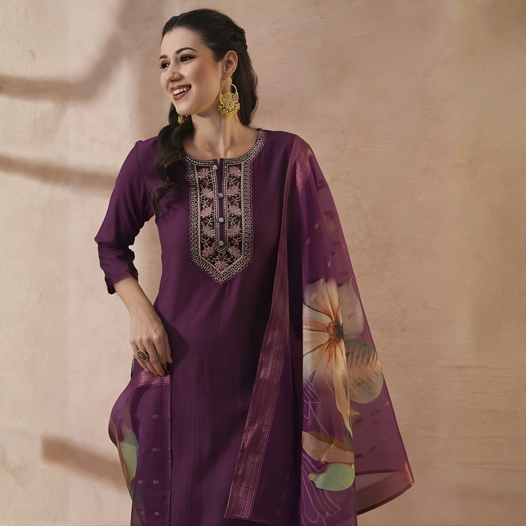 Purple Magic Cotton Kurti Set with Printed Dupatta - Image 3
