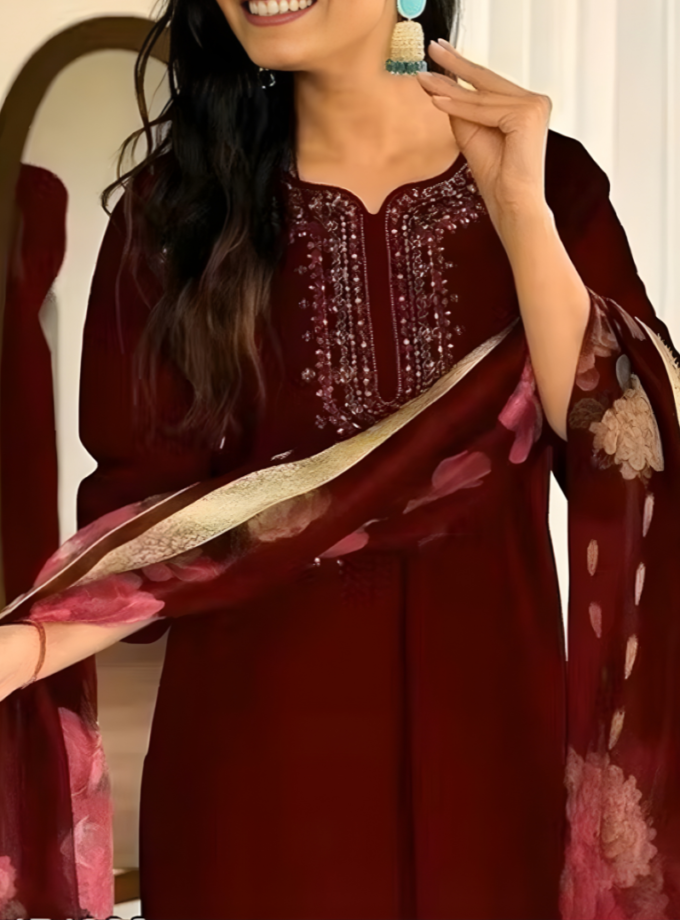 Maroon Embrodary Magic Cotton Suit Set with Digital Print Chanderi Dupatta