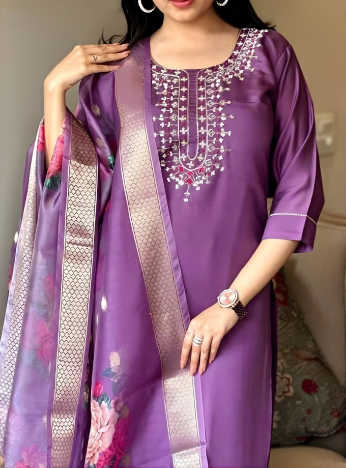 Royal Purple embroidered kurti with Printed Dupatta Set