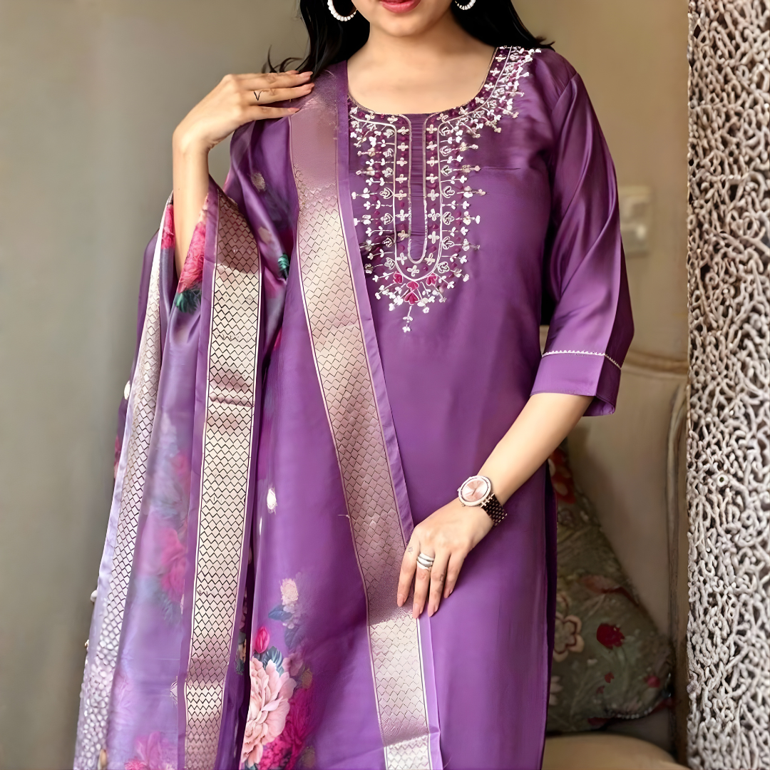 Royal Purple embroidered kurti with Printed Dupatta Set - Image 4