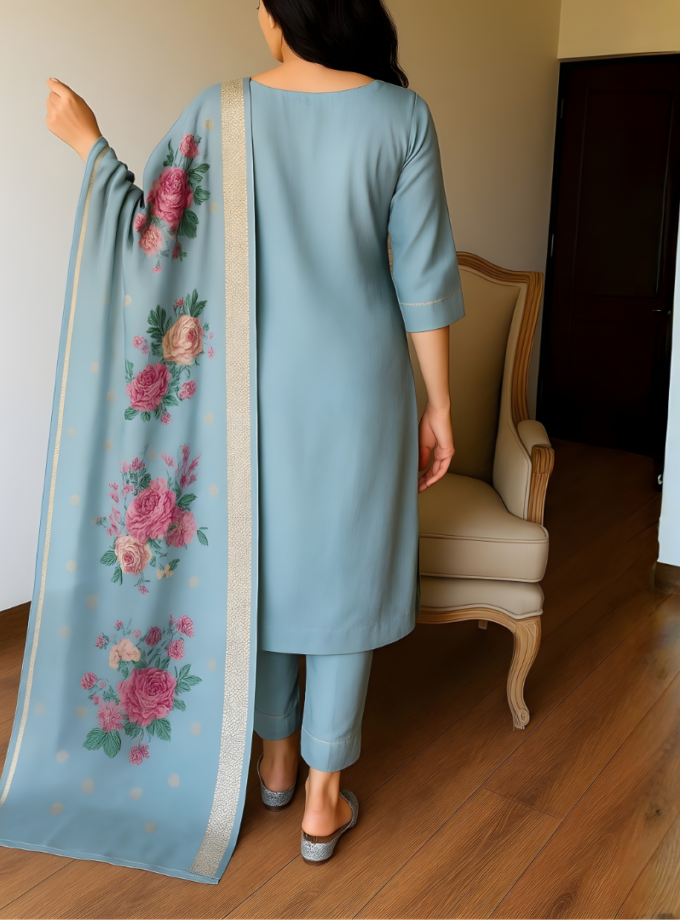 Ice Blue Magic Cotton Embroidered Suit with Floral Chanderi Dupatta