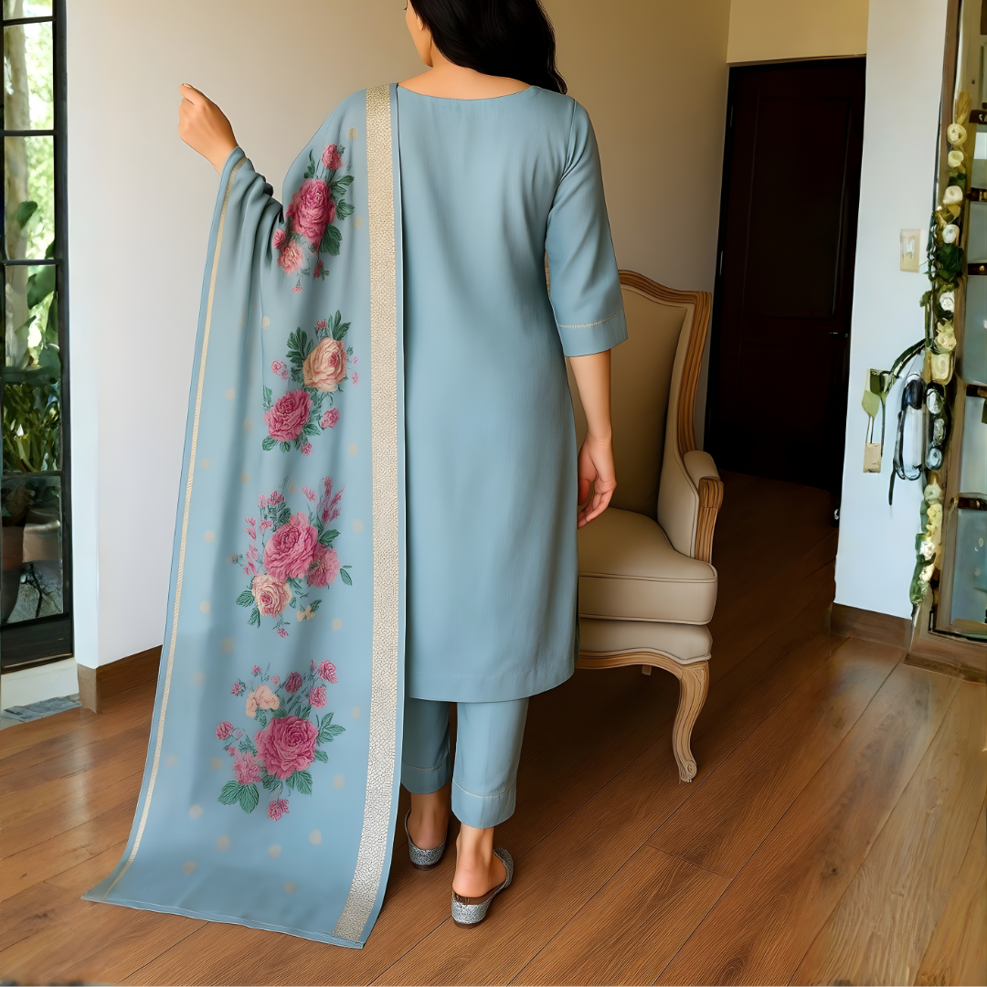 Ice Blue Magic Cotton Embroidered Suit with Floral Chanderi Dupatta - Image 4
