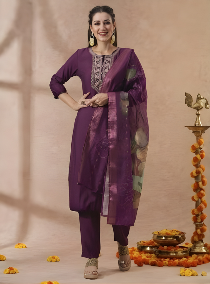 Purple Magic Cotton Kurti Set with Printed Dupatta