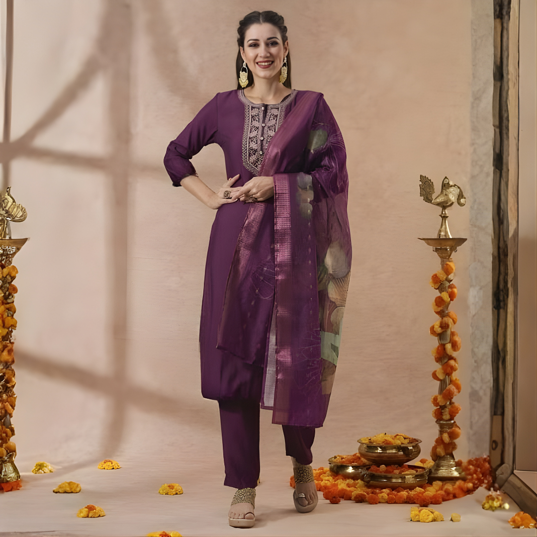 Purple Magic Cotton Kurti Set with Printed Dupatta
