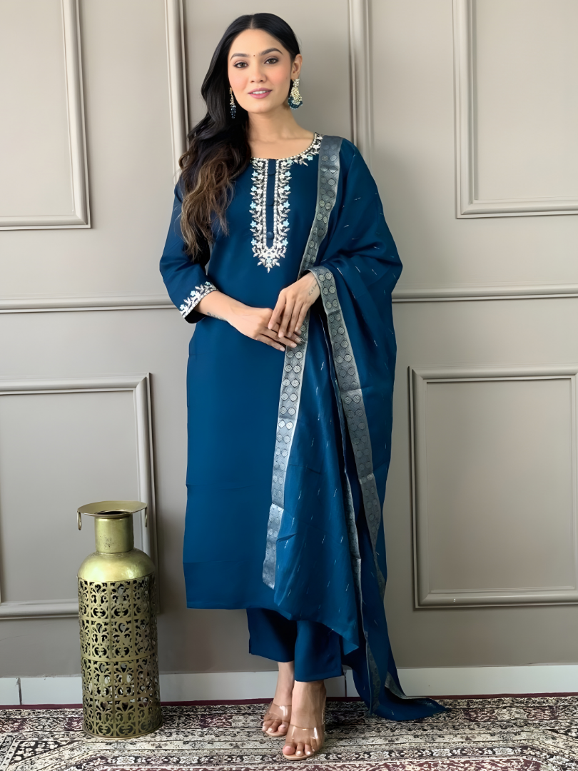 Peacock Teal Rayon Slub Suit with Jacquard Border Dupatta - Image 2