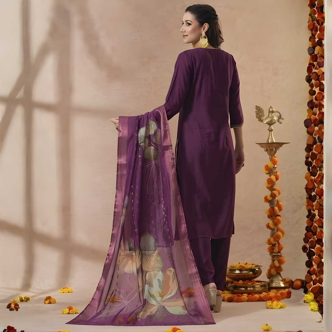 Purple Magic Cotton Kurti Set with Printed Dupatta - Image 5